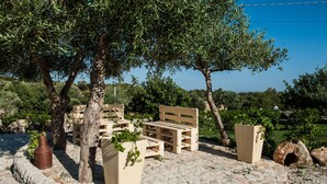 Un área de estar al aire libre con un patio empedrado de piedra, bancos de madera y macetas con plantas.