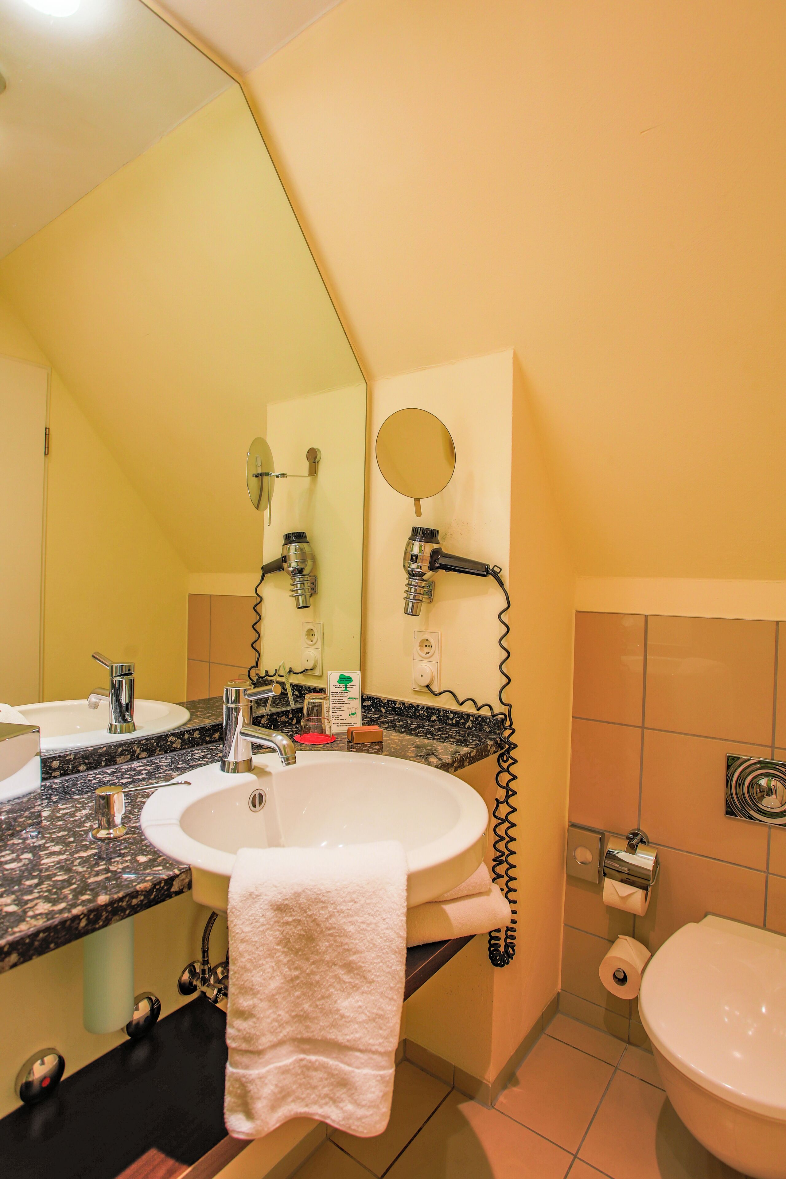 Une salle de bain équipée d’un lavabo, d’un miroir, d’un sèche-cheveux et de toilettes.