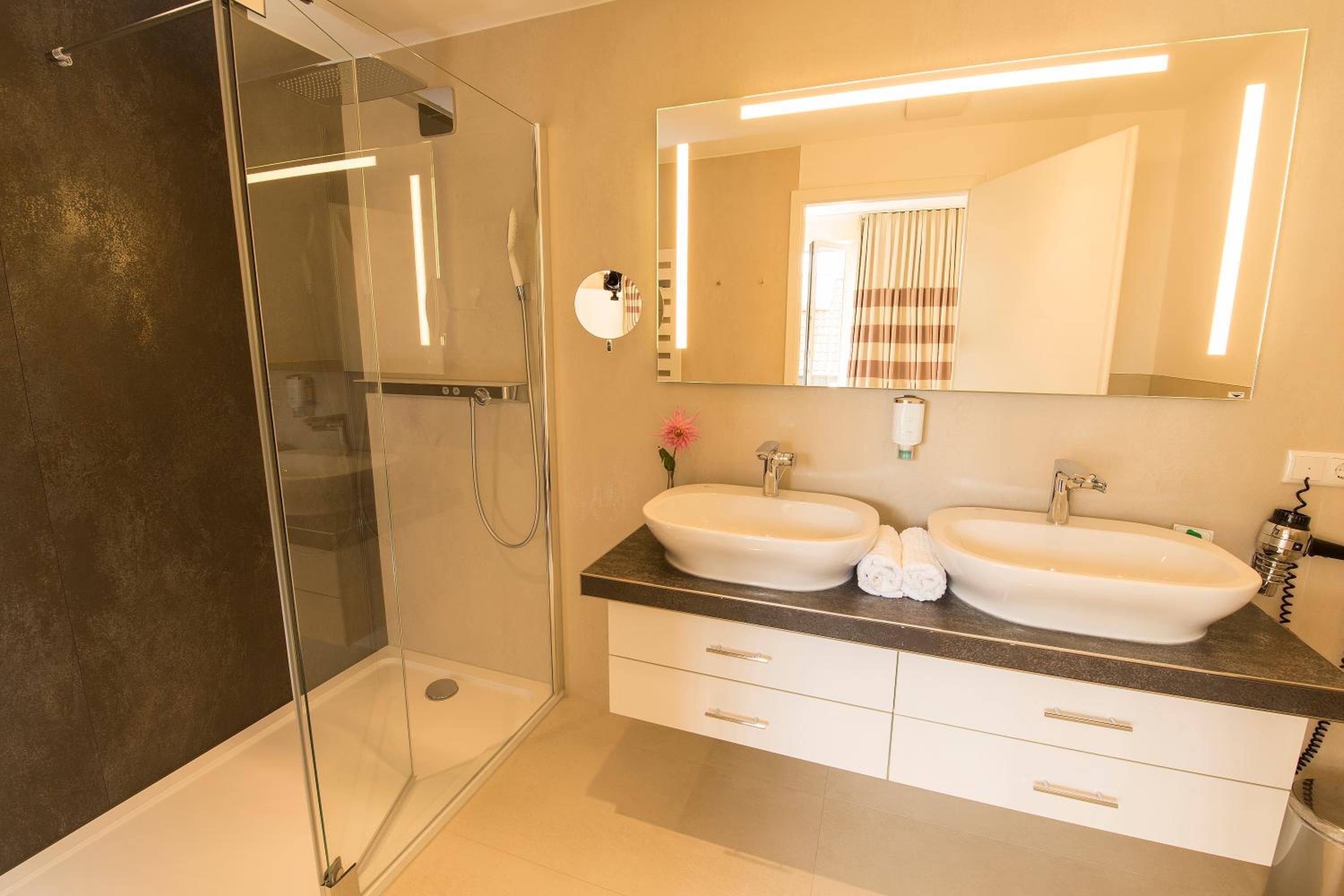 shower, free toiletries, hair dryer, towels