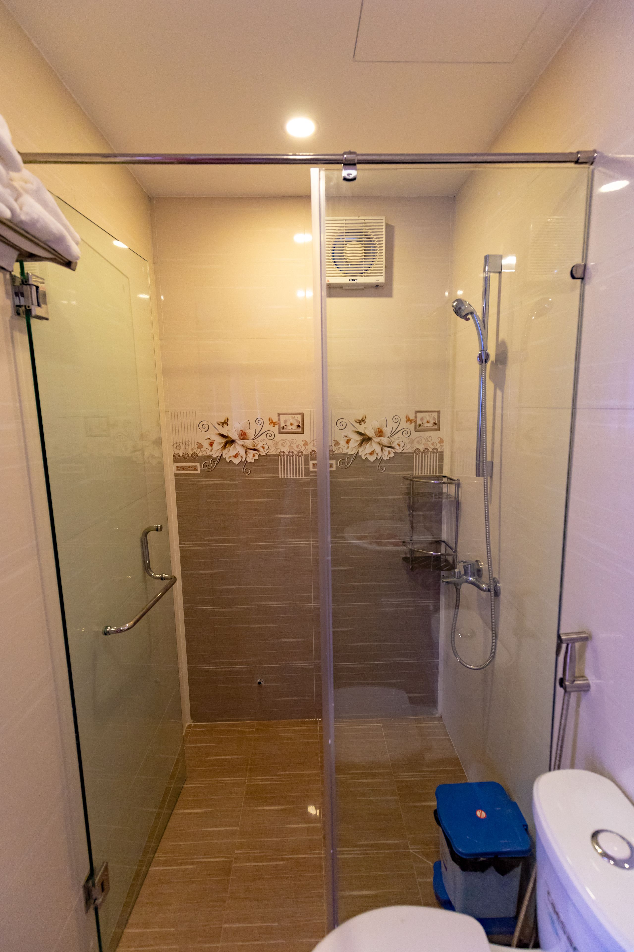 Une cabine de douche fermée par des parois en verre, dotée d’un pommeau de douche à main, d’une porte en verre et d’une petite poubelle bleue.