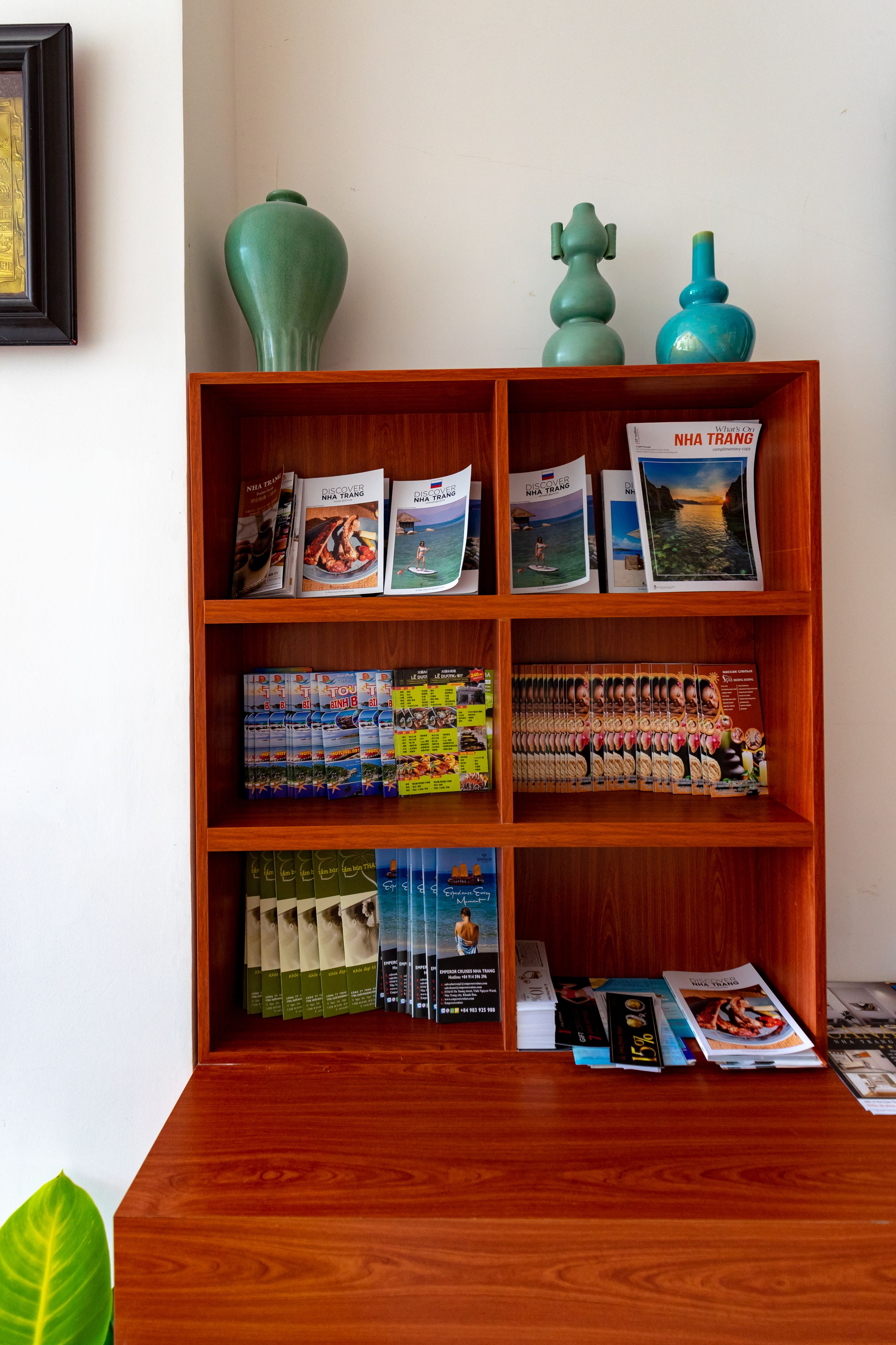 A wooden bookshelf with travel books and a framed picture on the wall.