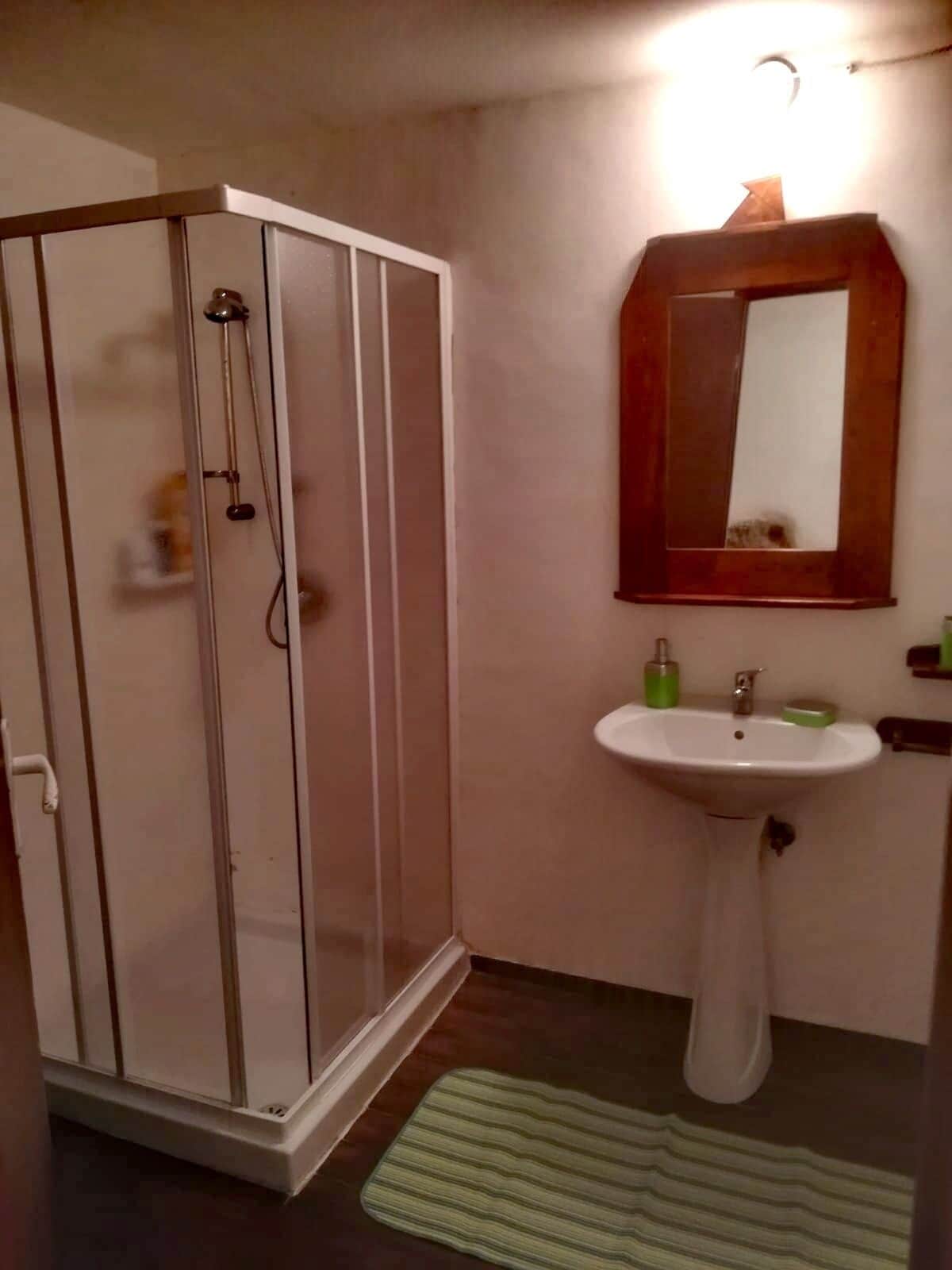 A bathroom with a glass-enclosed shower, a pedestal sink, and a mirror above it.