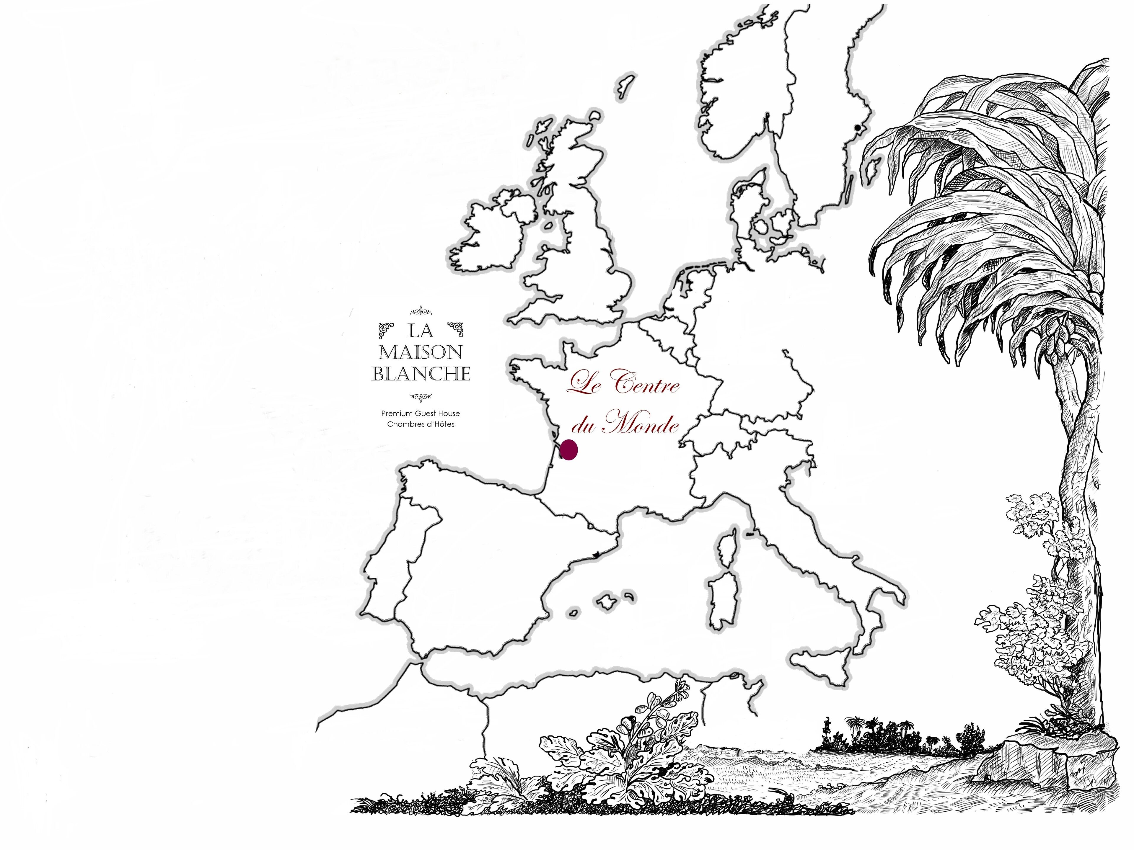 Un mapa de Europa con una ubicación destacada marcada como 'Le Centre du Monde'.