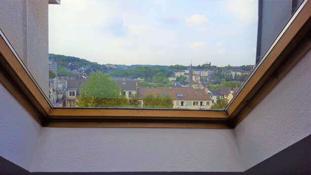 Ein Dachfenster mit Blick auf eine Stadt, inklusive Gebäude und Bäume.