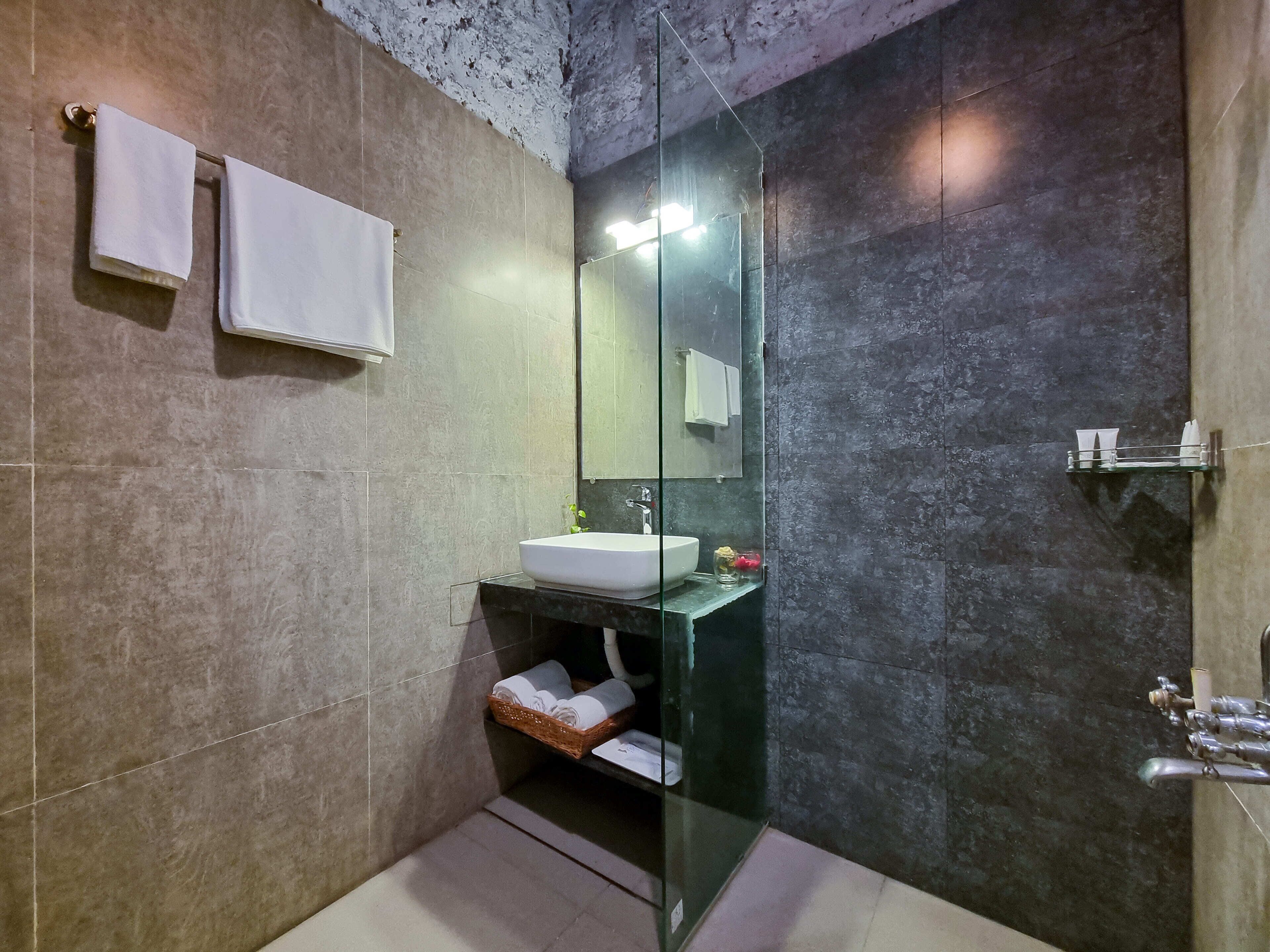 A modern bathroom with a glass shower enclosure, a white sink, and a mirror.