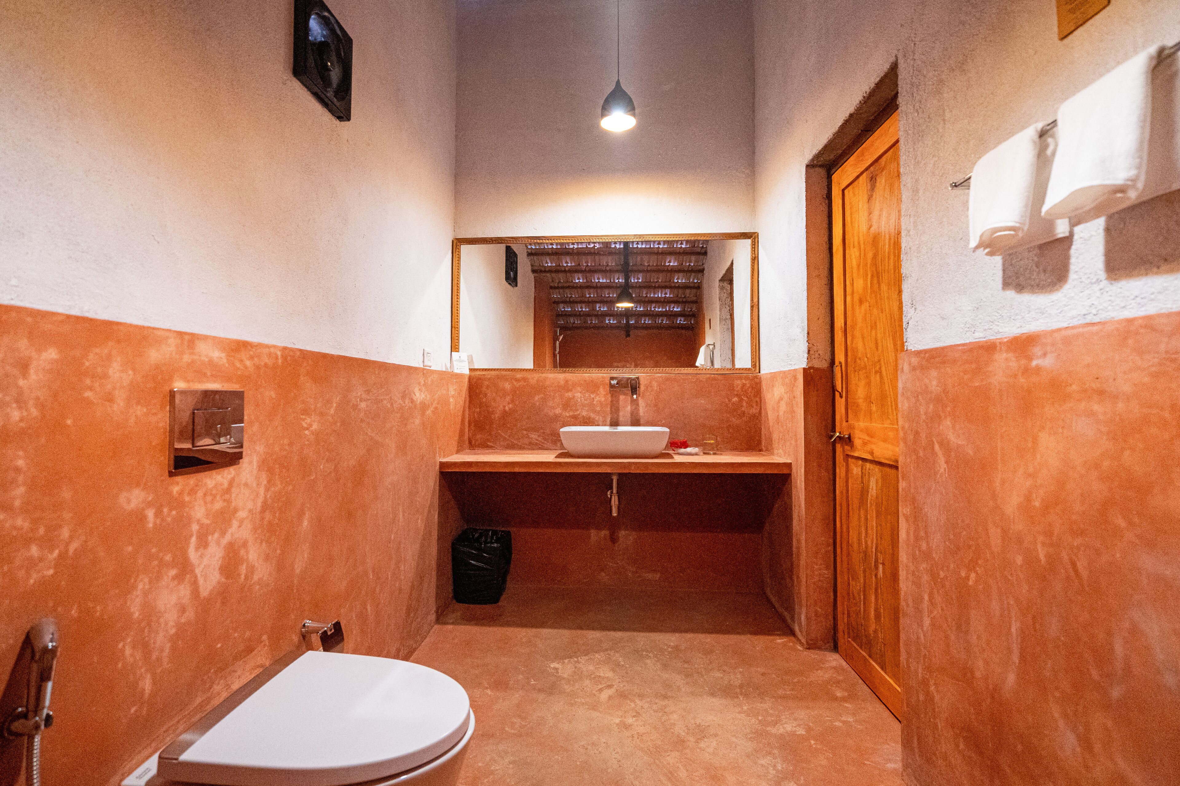 A narrow bathroom with a white sink, a mirror, and a wooden door.