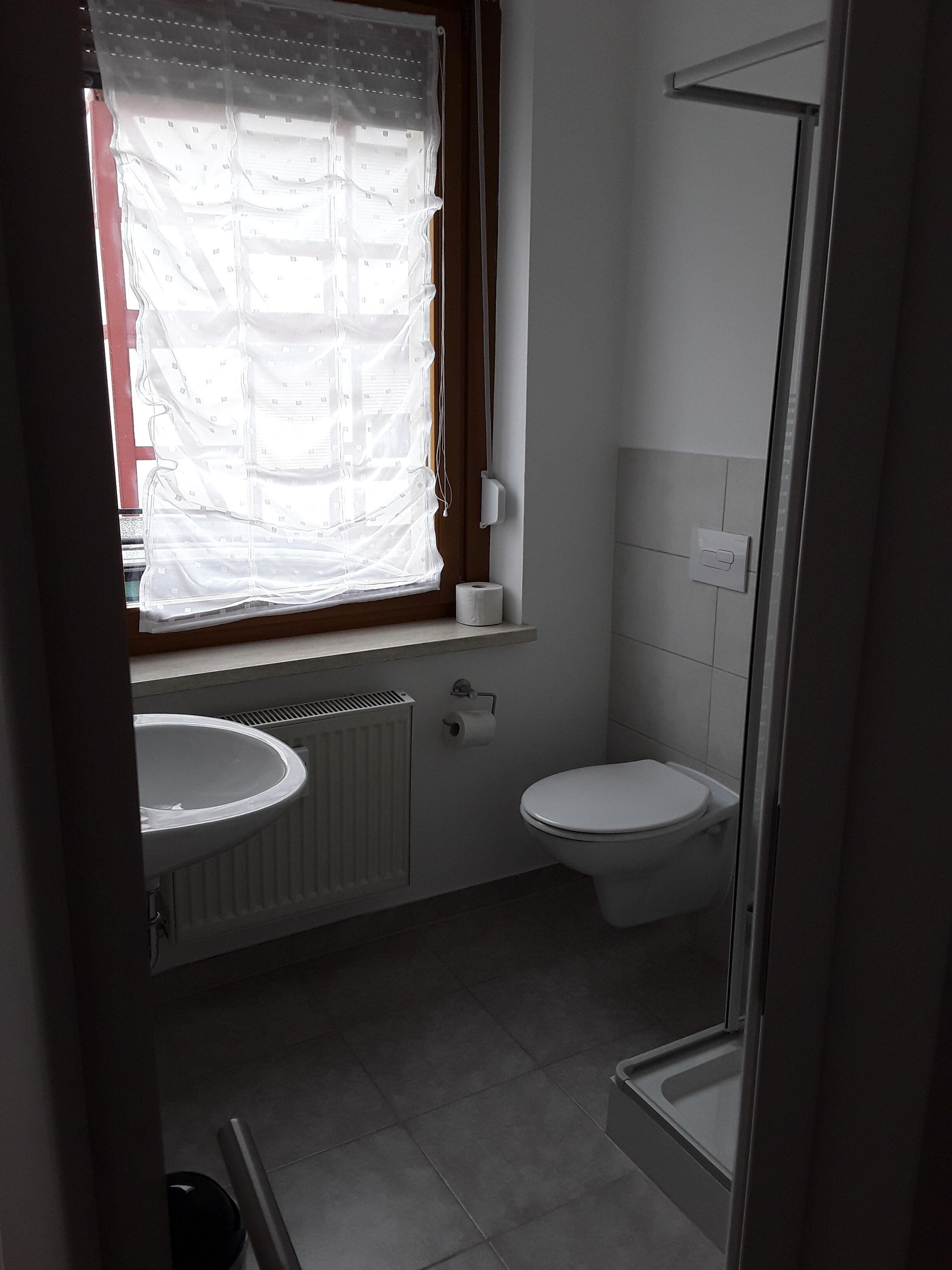 Un baño con ventana, inodoro, lavabo y ducha.