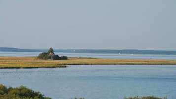 A tranquil lakeside scene with a small island featuring a solitary building.