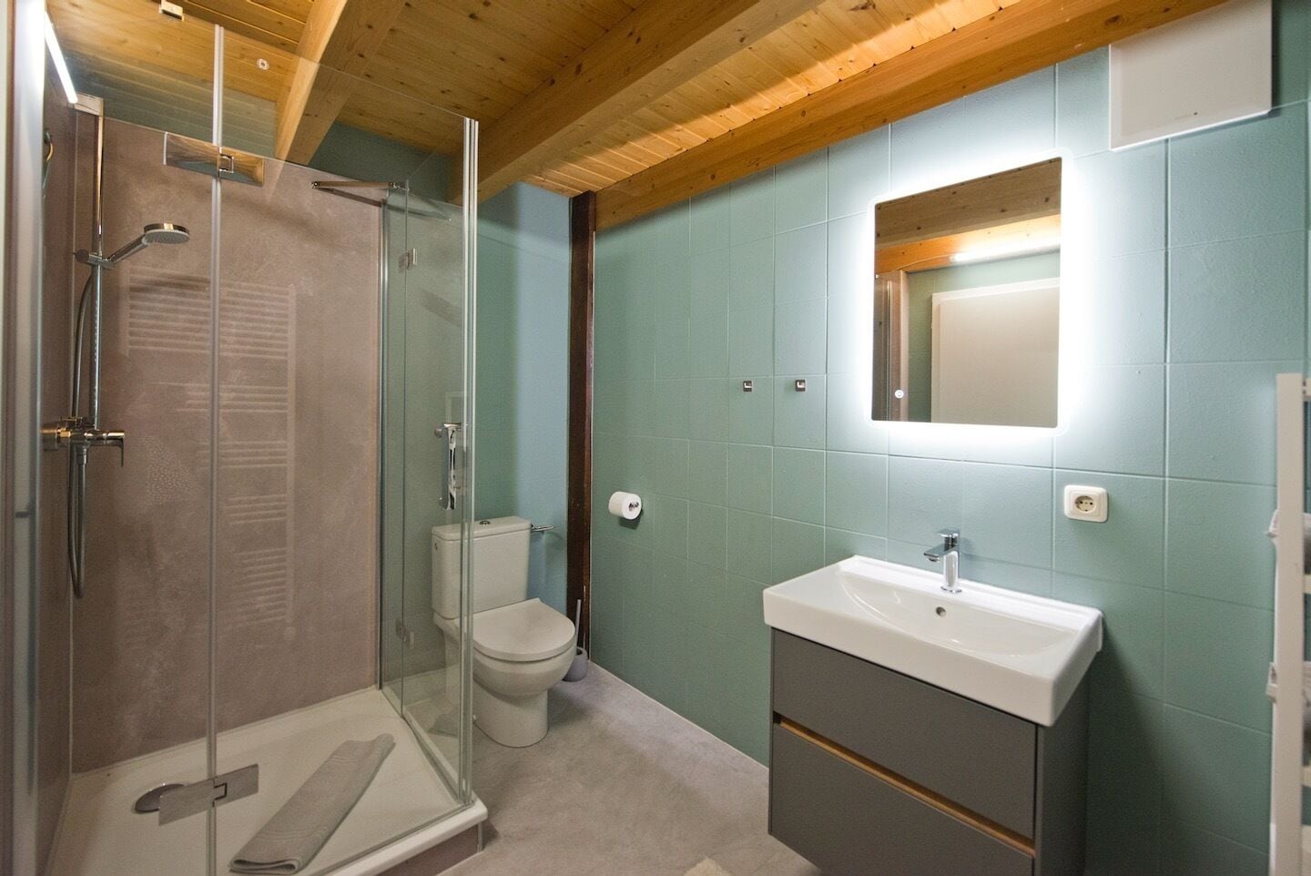 A bathroom with a glass shower enclosure, a toilet, and a sink with a mirror above it.