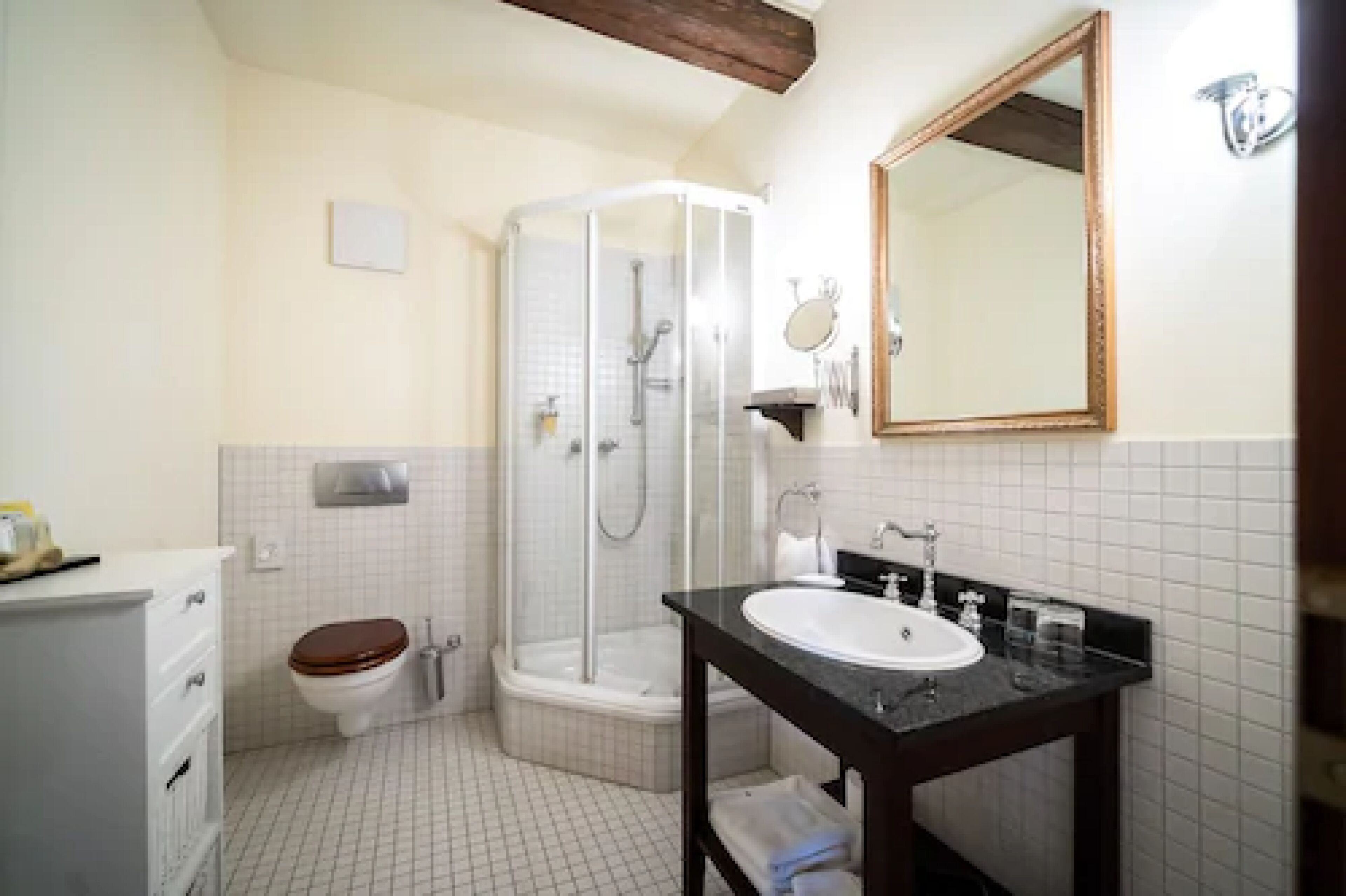 Een badkamer met toilet, douchecabine, wastafel en spiegel.