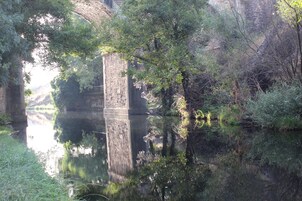 Un puente de piedra sobre un río tranquilo, flanqueado por una vegetación exuberante.