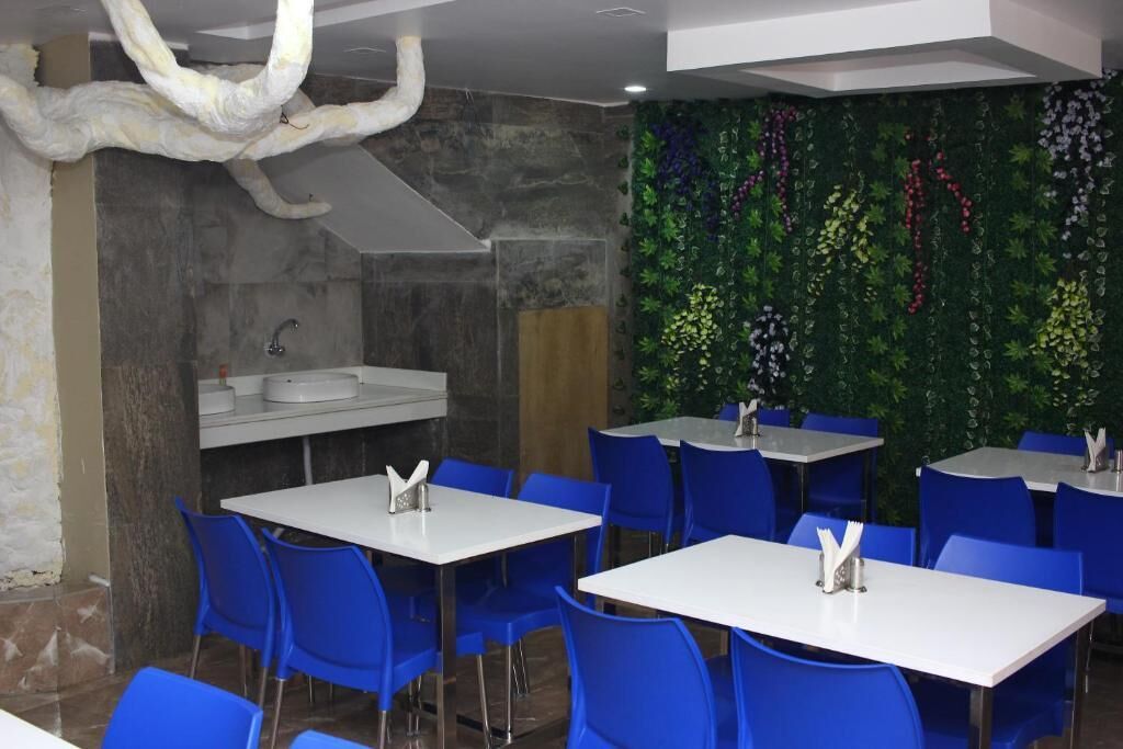 A restaurant with white tables and blue chairs, a stone wall, and a green wall with hanging plants.