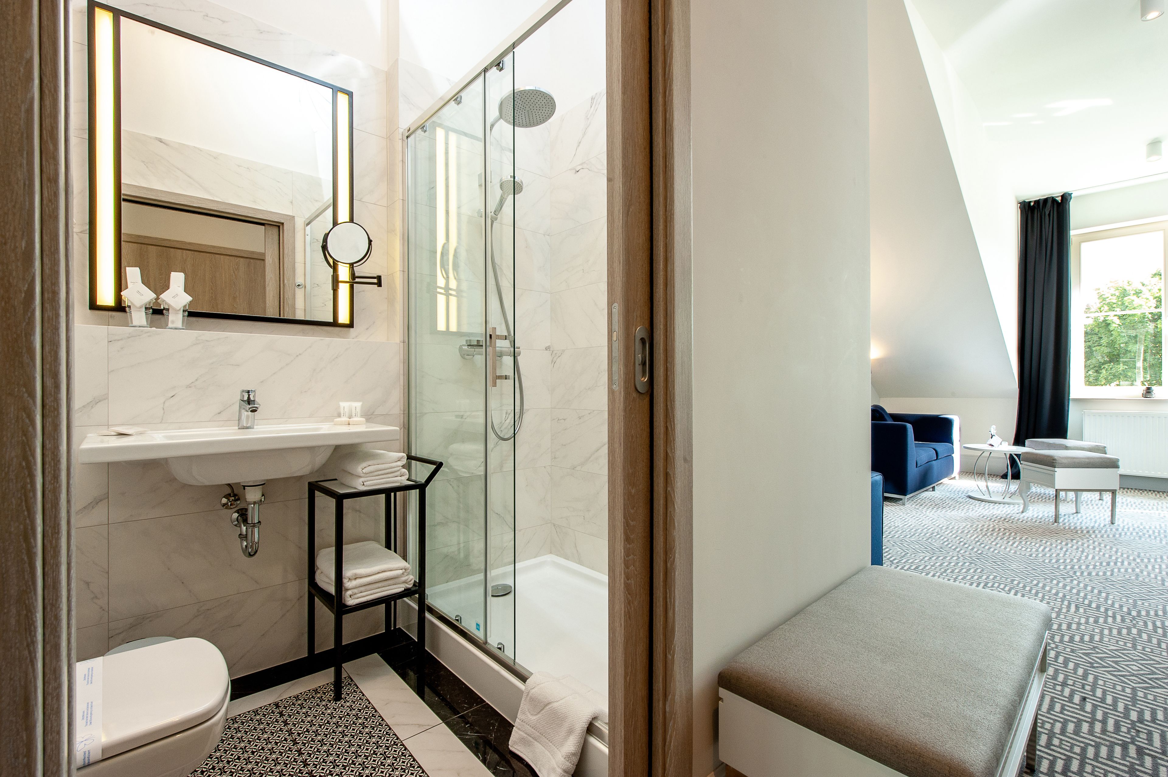 A modern bathroom with a glass-enclosed shower, a white sink, and a toilet.