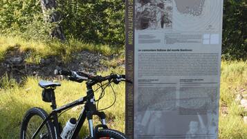 Una bicicleta de montaña estacionada junto a un cartel con información sobre el Museo de la Gran Guerra en el Karst.