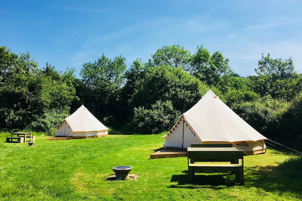 Twee tenten in een grasveld met picknicktafels en een vuurkuil.