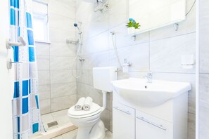 Habitación Deluxe doble | Baño | Ducha, artículos de higiene personal gratuitos y secador de pelo