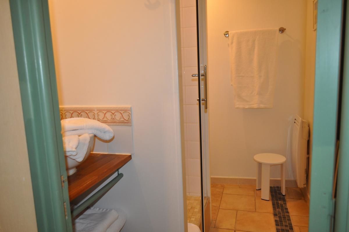 Une salle de bain avec une porte de douche en verre, une serviette blanche posée sur une étagère et des toilettes blanches.