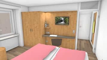 A bedroom with a bed, a wooden wardrobe, a desk with a computer monitor, and a window.