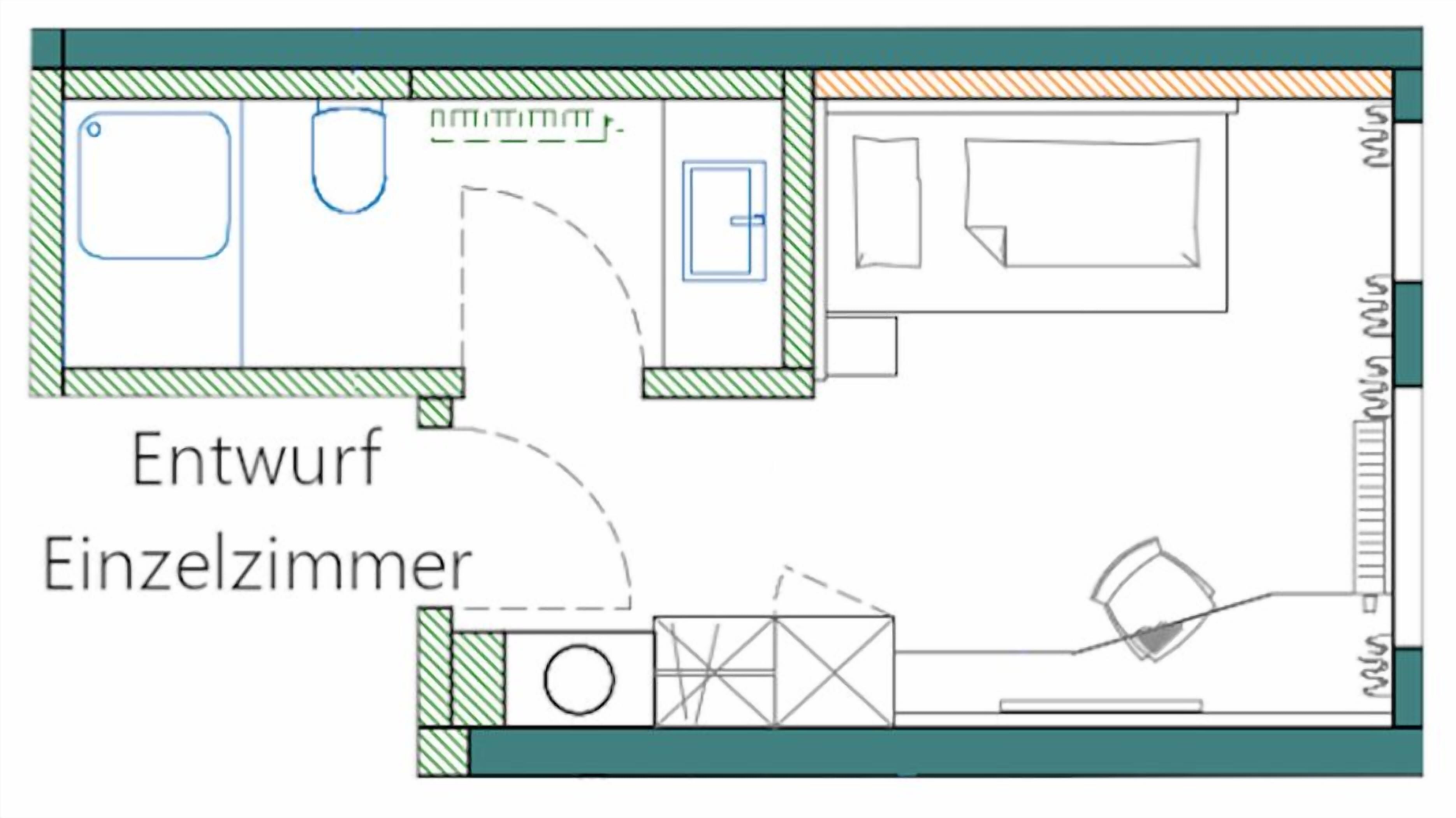 Plano de un cuarto de hotel con baño, kitchenette y una sola habitación.