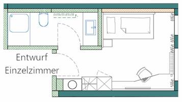 A floor plan of a hotel room with a bathroom, a kitchenette, and a single bedroom.