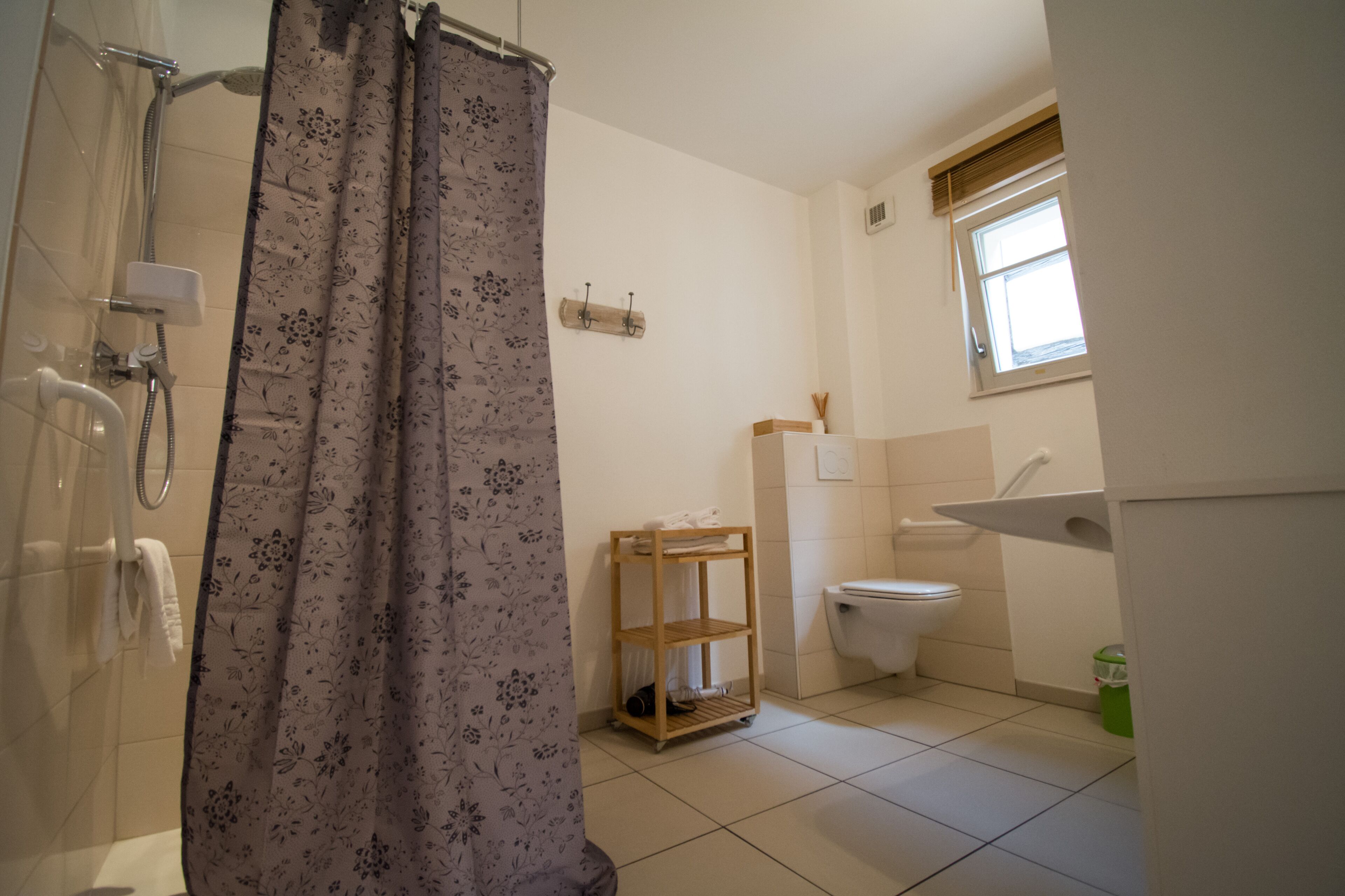 Een badkamer met douche, toilet en wastafel.