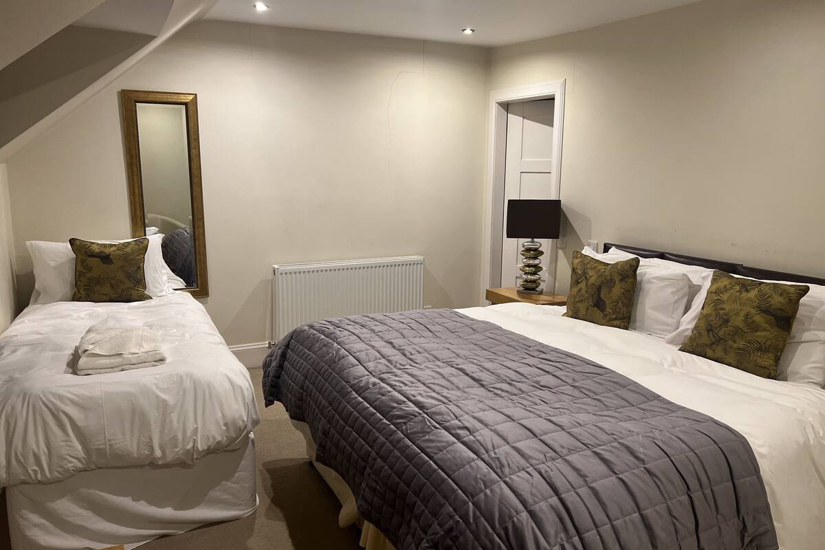 A bedroom with two beds, a mirror, a radiator, and a nightstand with a lamp.