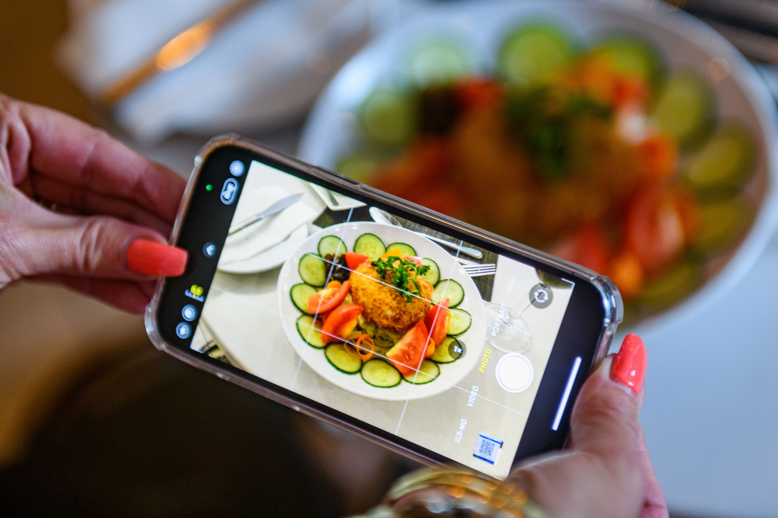 Une personne tenant un téléphone intelligent sur lequel est affichée une photo d'une assiette de nourriture.