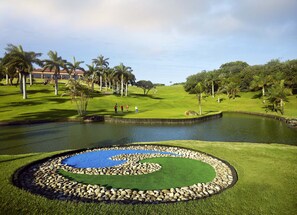 A golf course with a pond, palm trees, and a well-maintained lawn.