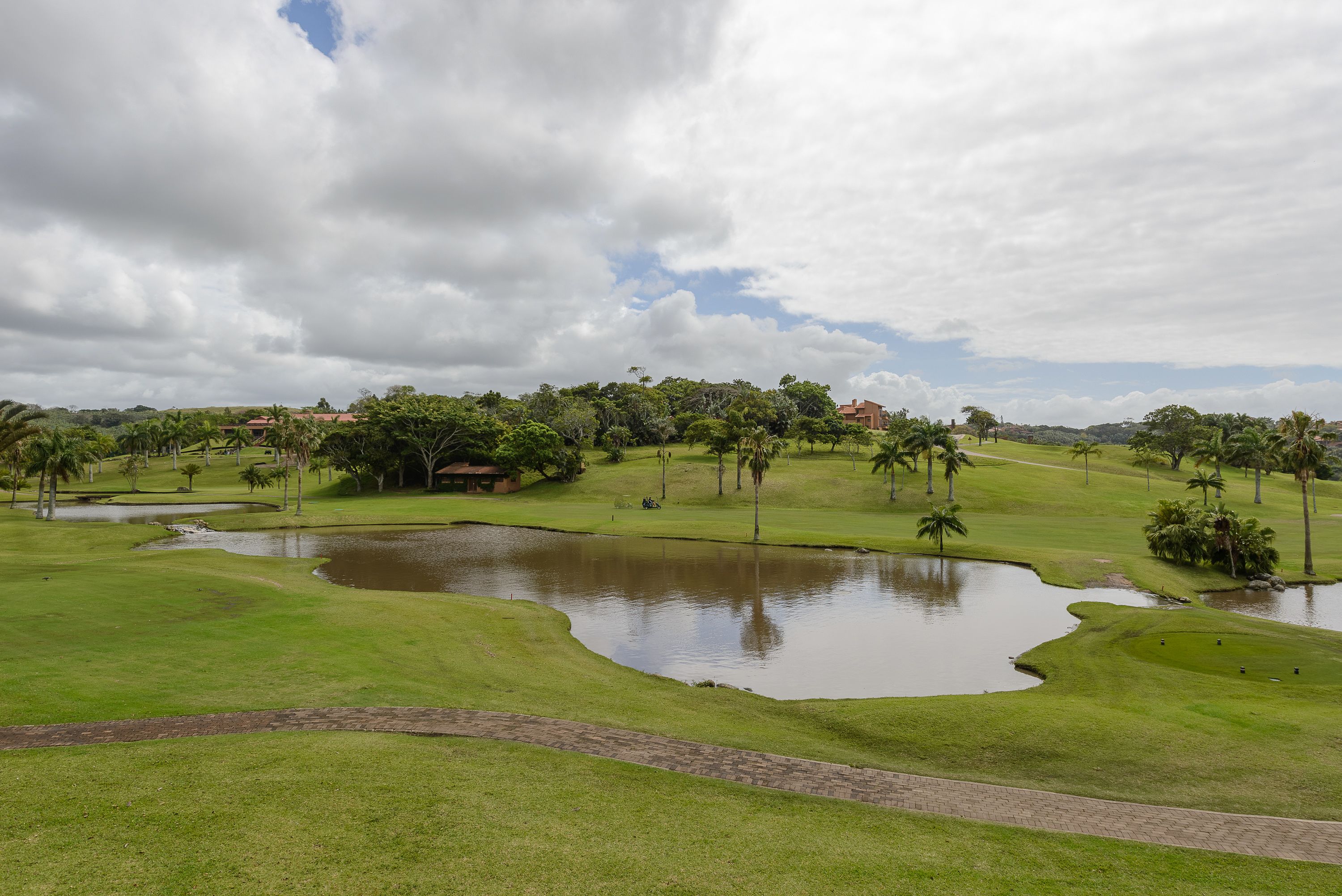 Un campo de golf con un estanque, senderos y árboles dispersos.