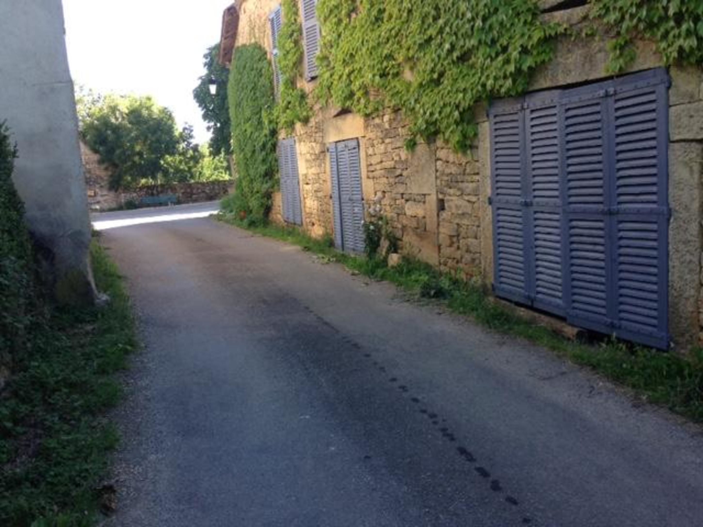A narrow road flanked by stone buildings with shutters, a tree on the left, and a clear sky.