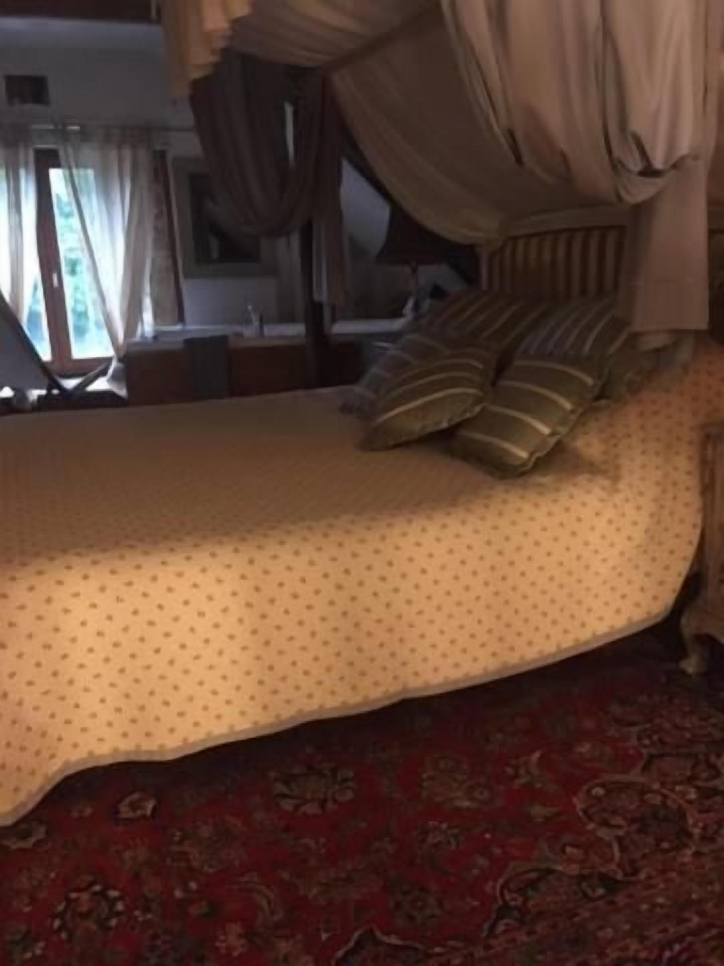 Una cama con dosel, una colcha estampada y una alfombra roja.