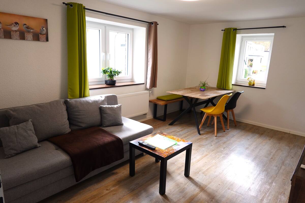 Un salon comprenant un canapé, une table basse, une table à manger avec des chaises et une fenêtre avec des rideaux.