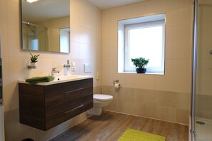 Douche, sèche-cheveux, serviettes fournies, papier toilette