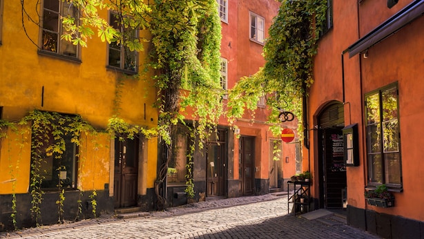 A cobblestone street with buildings covered in ivy, featuring a mix of yellow and red facades, and a black awning over a door. - Hotel Gamla Stan, BW Signature Collection (Stockholm)