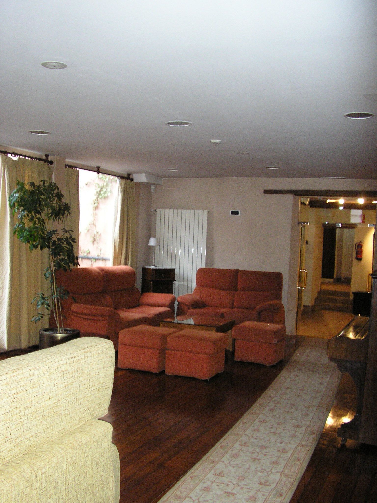 A living room with a sofa set, a potted plant, and a radiator.