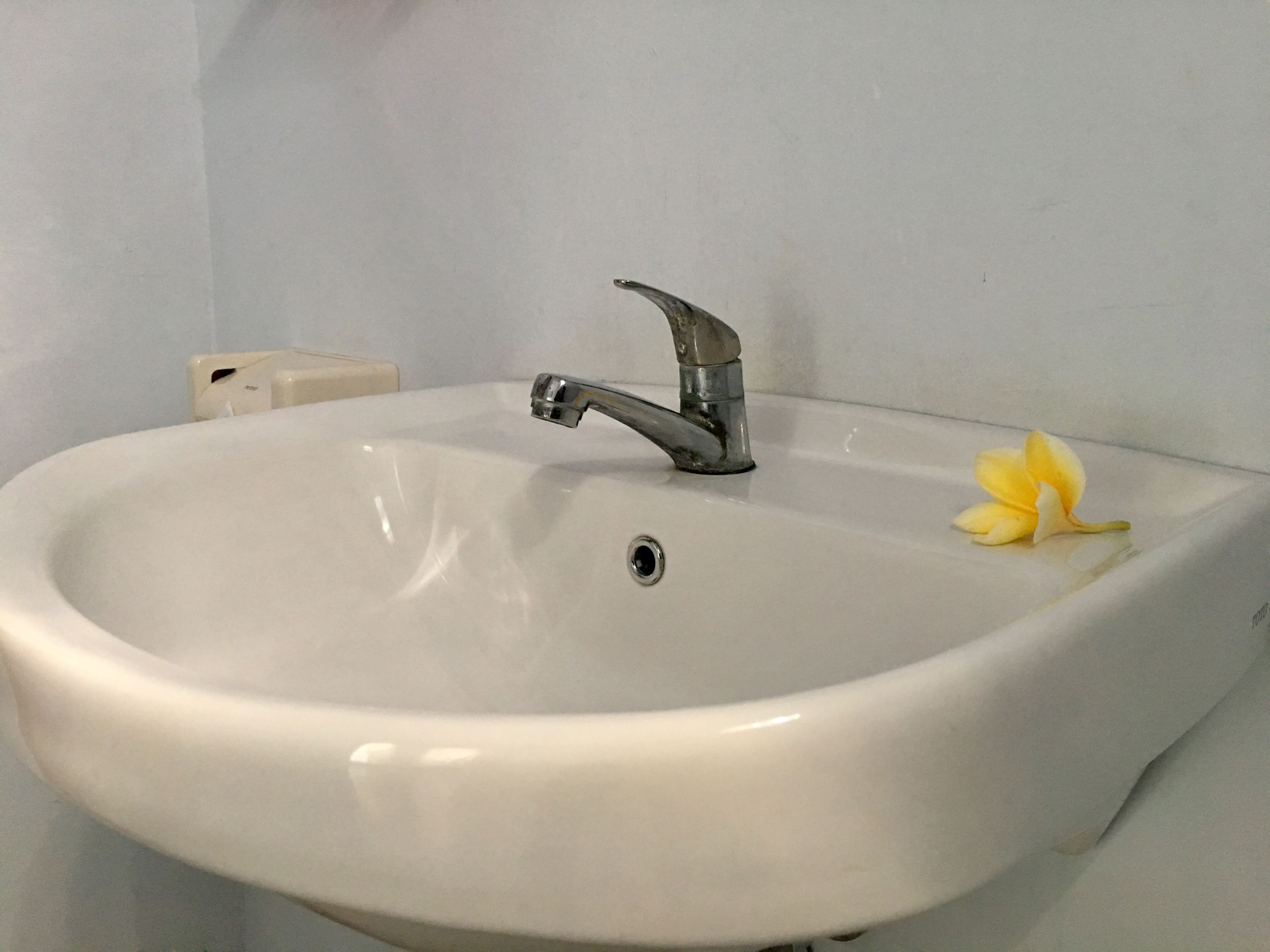 A bathroom sink with a single yellow flower on it.