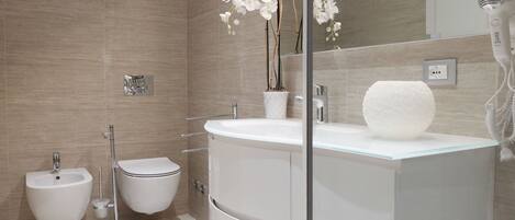 Shower, free toiletries, hair dryer, bidet