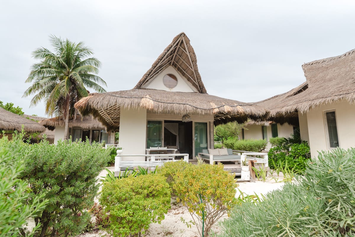 A resort with thatched-roof buildings, a palm tree, and a well-maintained garden.