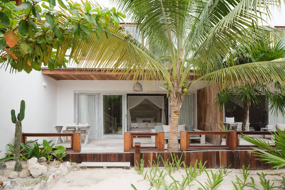 A modern outdoor seating area with wooden benches and a palm tree, leading to a building with a glass door and a bed visible inside.