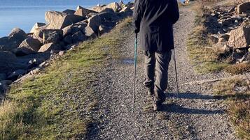 Una persona caminando por un sendero de grava al lado de un cuerpo de agua con rocas grandes y vegetación escasa.