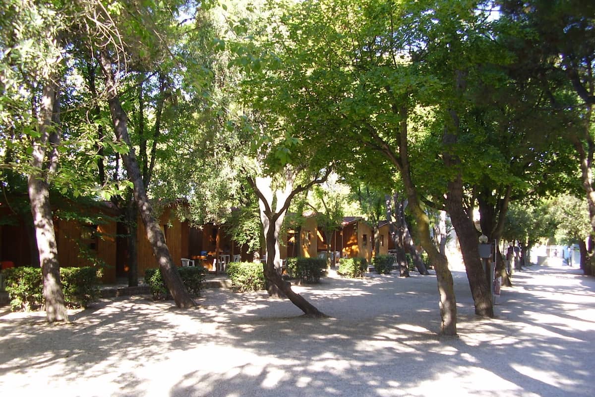 A courtyard with trees, a building with a sloped roof, and a gravel path.