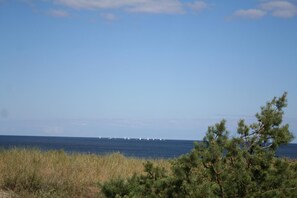 A coastal landscape with a clear sky, a body of water, and sparse vegetation.