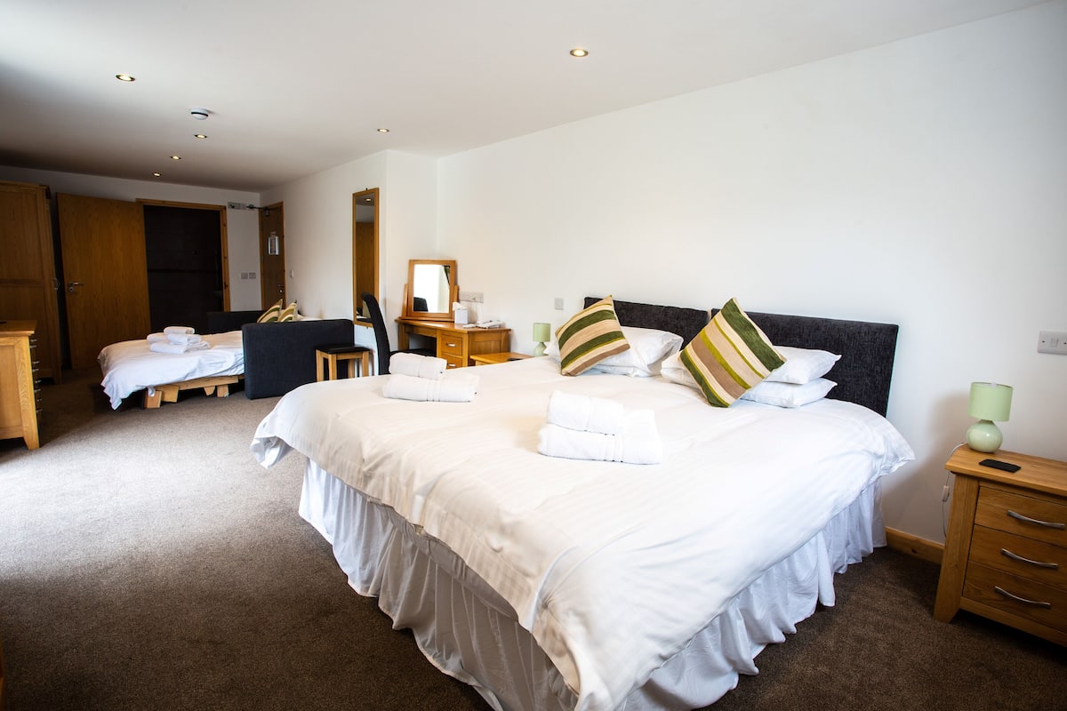 A hotel room with a large bed, a desk, a chair, and a wardrobe.