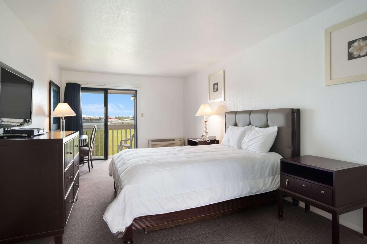 Una habitación de hotel con cama, escritorio, silla, televisor, lámpara y un cuadro en la pared.