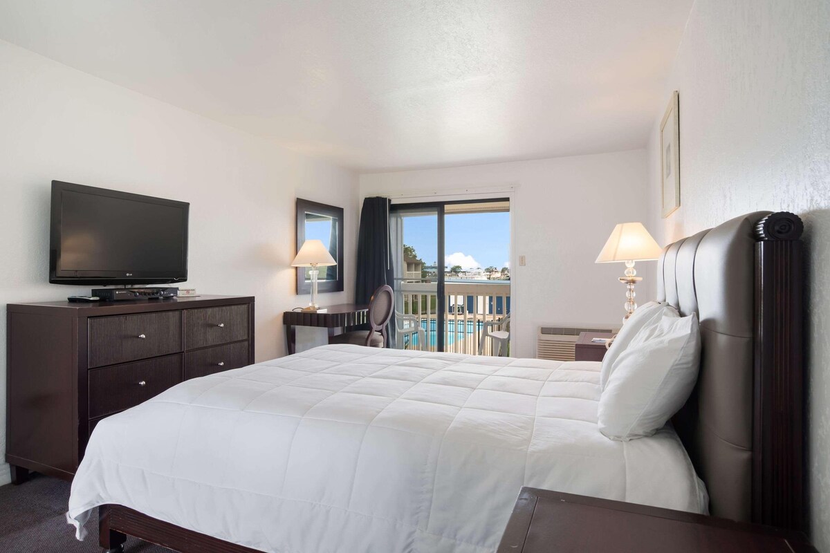 Habitación de hotel con una cama grande, televisión, escritorio y vista a la piscina.