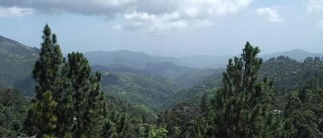 A mountainous landscape with dense forests and a few scattered buildings.