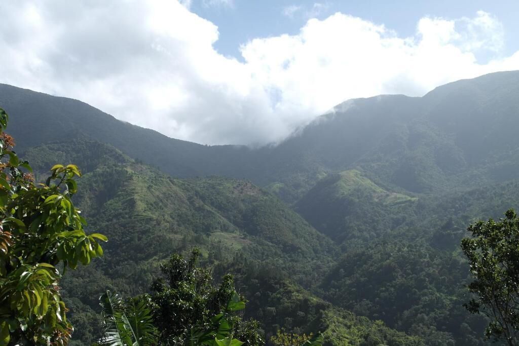 A mountainous landscape with lush greenery and a valley.