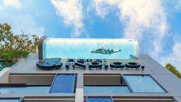 Piscine extérieure, parasols de plage, chaises longues