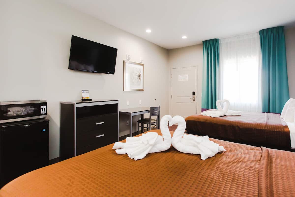 Habitación de hotel con dos camas, un escritorio, un televisor y un microondas.