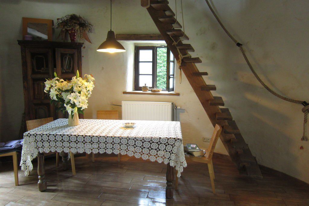 A dining area with a lace table, wooden chairs, a vase of flowers, a wooden ladder, and a window with a view of greenery.